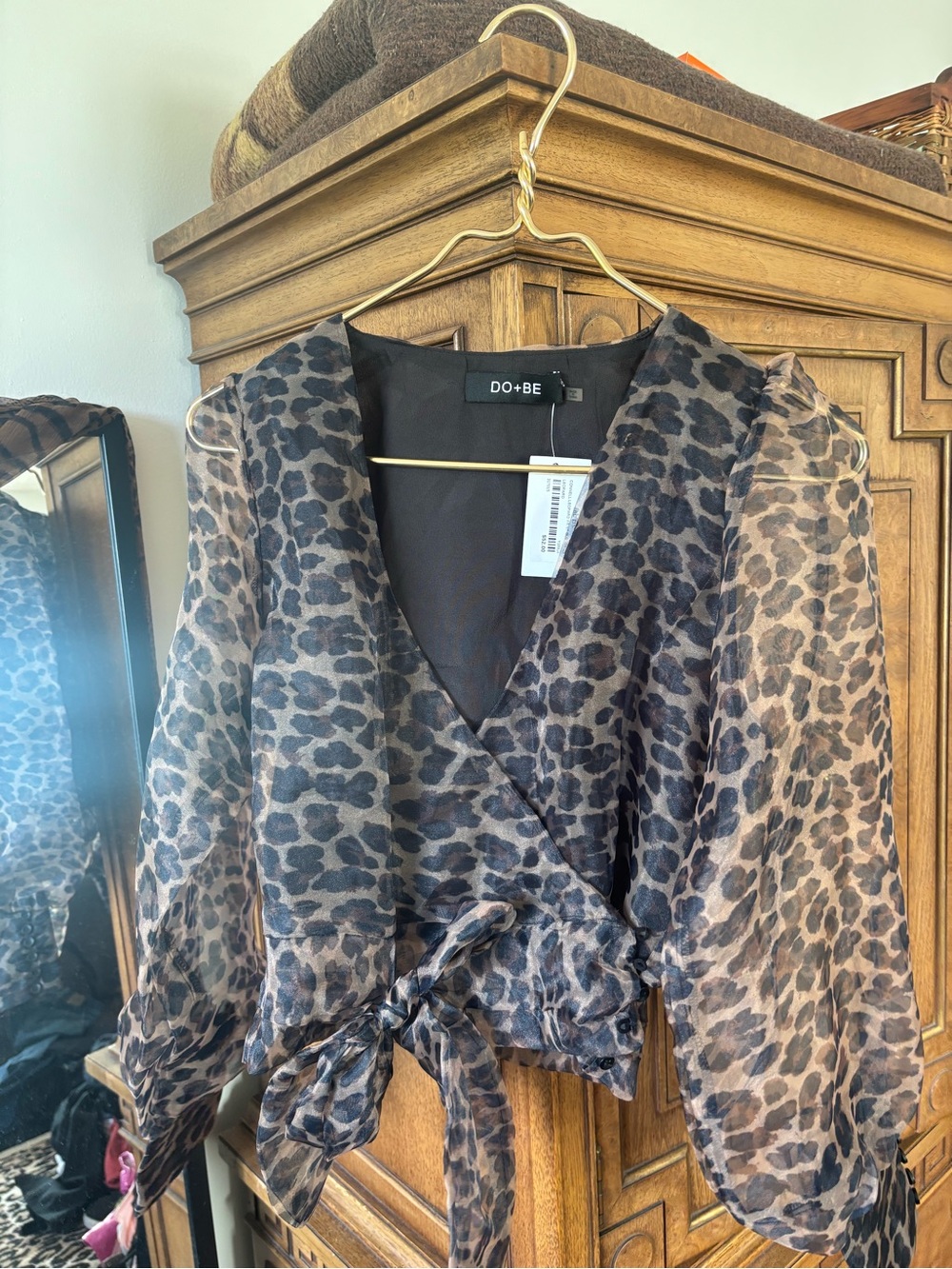 DO+BE Brown and Black Leopard Wrap Blouse with Tie